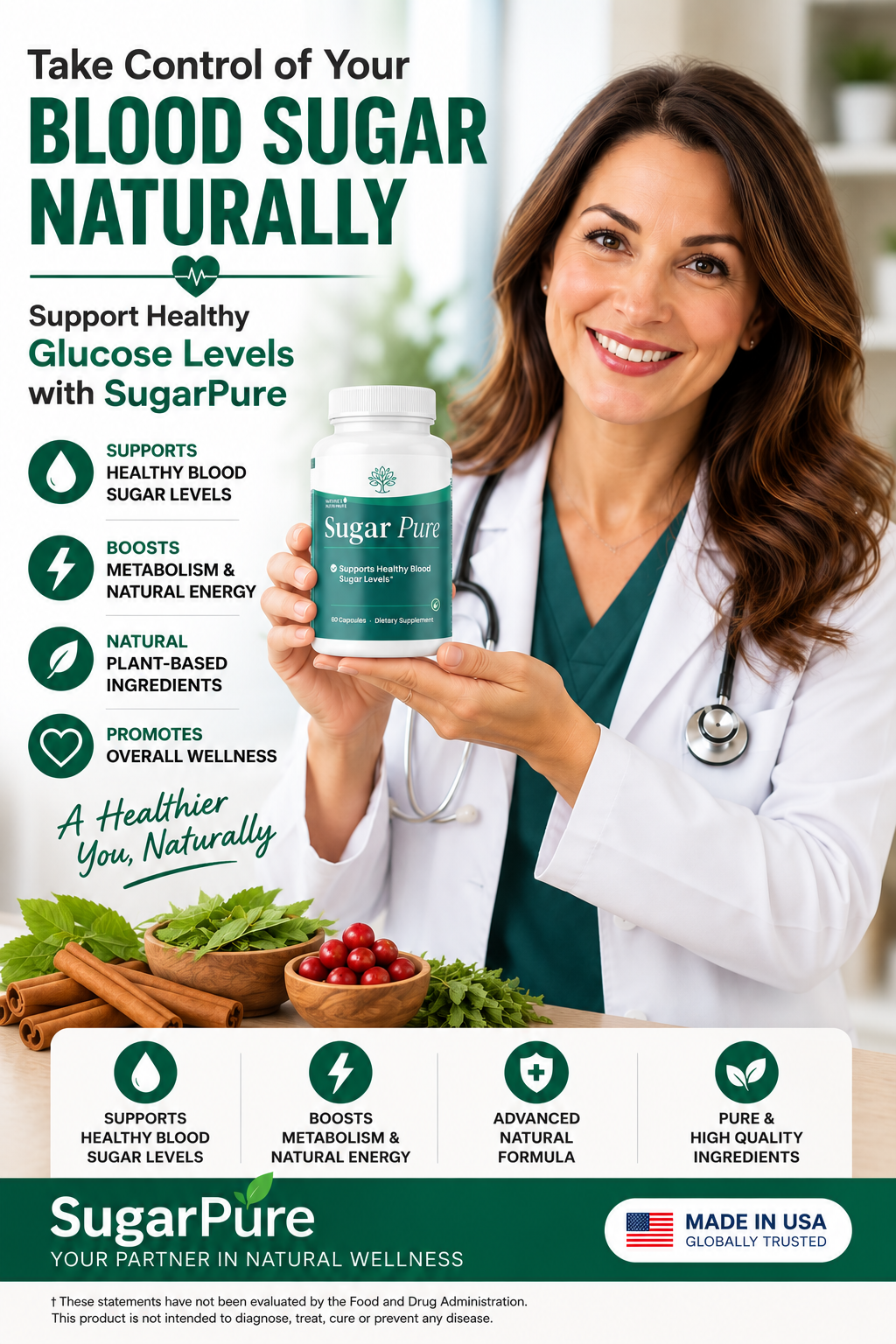 SugarPure dietary supplement bottle â€“ Supports Healthy Blood Sugar Levels, 60 Capsules, by Nature's Nutriwave