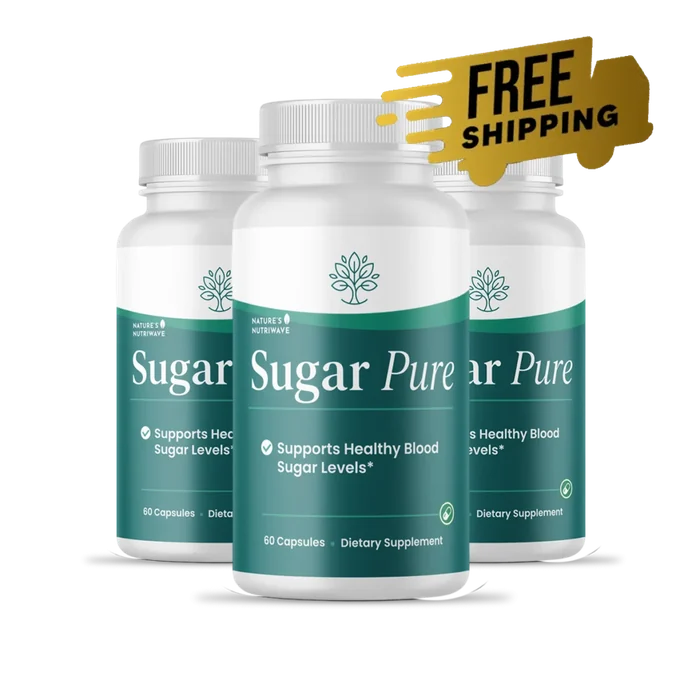 Three bottles of SugarPure supplement with Free Shipping badge