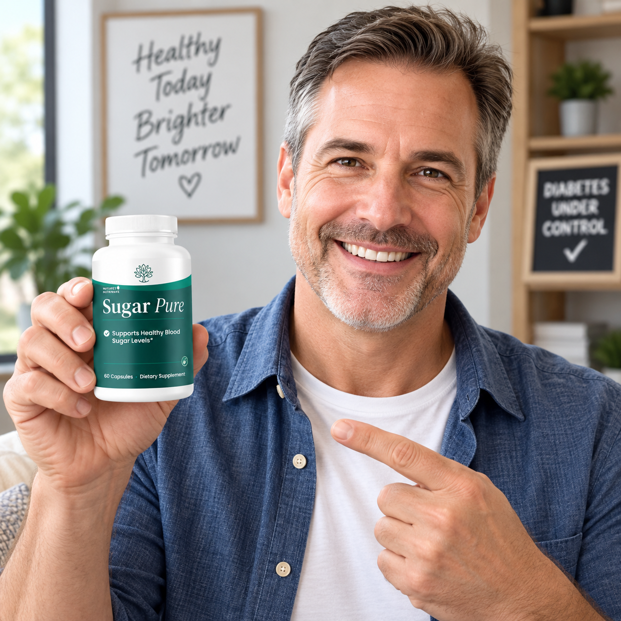 Person holding a SugarPure supplement bottle by Nature's Nutriwave